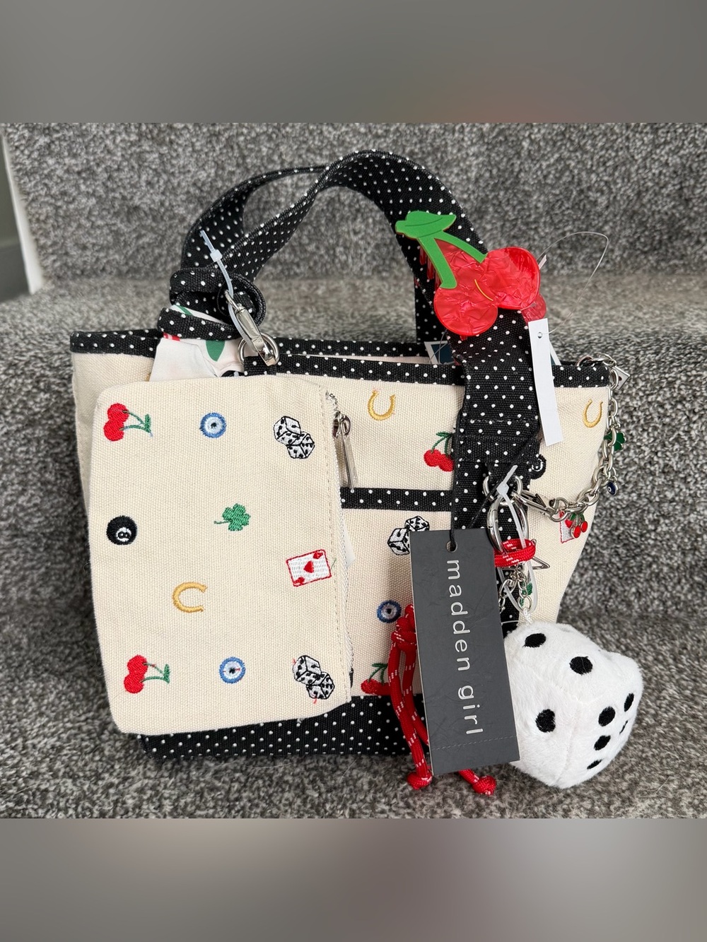Madden Girl Cream Canvas Cherry & Black Polka Dot Kids Handbag